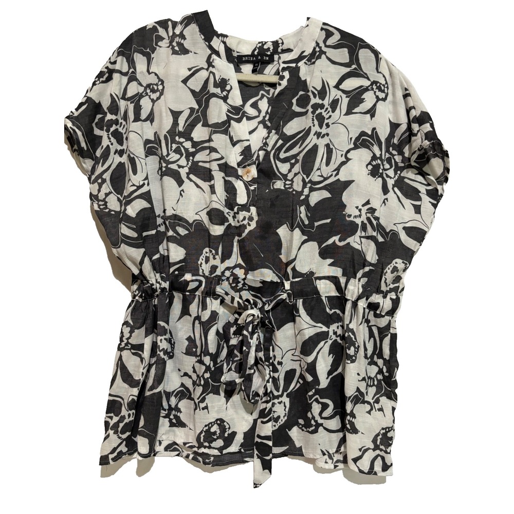 Brina & Em Womens 1X Black cream Floral Tie Waist Kimono top Short Sleeve boho